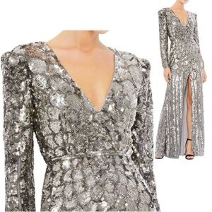 Mac Duggal Dress 2 Silver Scalloped Sequin Long Sleeve V Neck Train 5382 Goddess